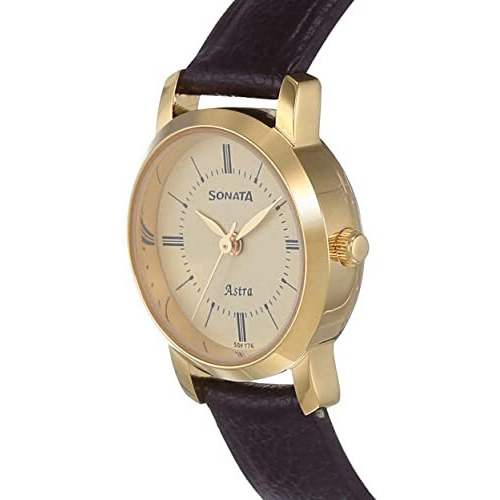 Sonata Quartz Analog Champagne Dial Leather Strap Watch For Women-Ns87018Yl01W/Nt87018Yl01W