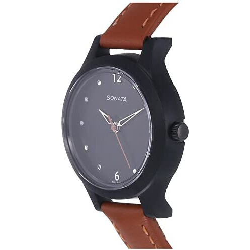 Sonata Essentials Black Dial Women Watch With Leather Strap-Ns87030Pl04W/Nt87030Pl04W