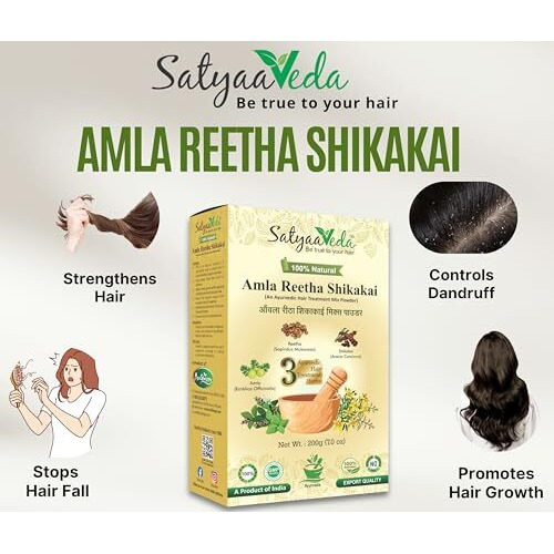 Satyaaveda | Amla, Reetha, Shikakai Powder For Hair | Herbal Hair Mask & Natural Cleanser | Hair Strengthening, Thickness & Density | Controls Dandruff | 100% Natural, Chemical-Free, No Preservatives | For All Hair Types | 200G