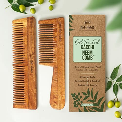 Nat Habit Kacchi Neem Wooden Comb, Soaked In 17 Herbs Neem, Castor & Coconut Oil For Multi-Actions Detangling, Frizz Control & Shine (Dual Tooth & Fine Tooth) Combo Pack Of 2