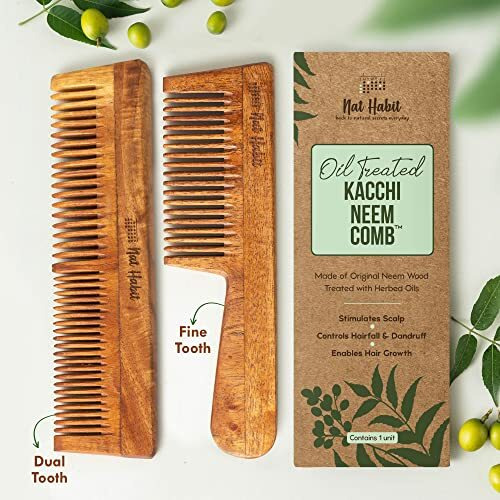 Nat Habit Kacchi Neem Wooden Comb, Soaked In 17 Herbs Neem, Castor & Coconut Oil For Multi-Actions Detangling, Frizz Control & Shine (Dual Tooth & Fine Tooth) Combo Pack Of 2