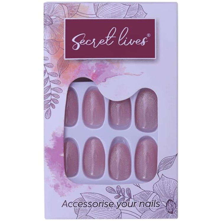 Secret Lives Designer Cats Eye Reusable Artifical Nails Extension Curve Shape Pink Color Fake Nails Design 24 Pieces Set With Manicure Kit
