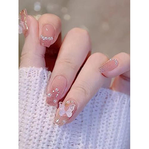 Secret Lives Acrylic Translucent Press On Nails Artifical Designer 3D White Bow & Pearl With Pink Glitter Color Nails Extension 24 Pieces Combo Set With Kit Beautiful Fake False Nails