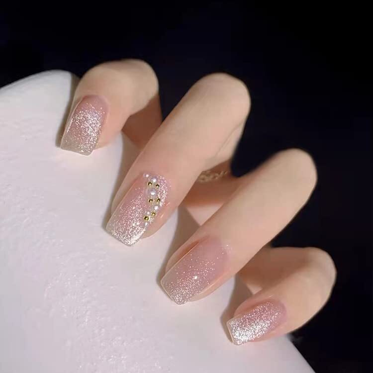 Secret Lives Designer Cats Eye Reusable Artificial Nails Extension Pink Color With 3D White And Golden Pearl Fake Nails Design 24 Pieces Set With Manicure Kit