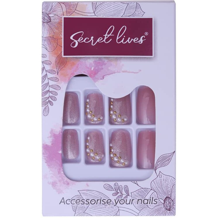 Secret Lives Designer Cats Eye Reusable Artificial Nails Extension Pink Color With 3D White And Golden Pearl Fake Nails Design 24 Pieces Set With Manicure Kit