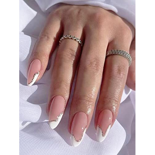 Secret Lives Premium Press On Nails Reusable Artifical Designer Fake Nails Extension Transparent With Golden Glitter Design 24 Pcs Set With Kit