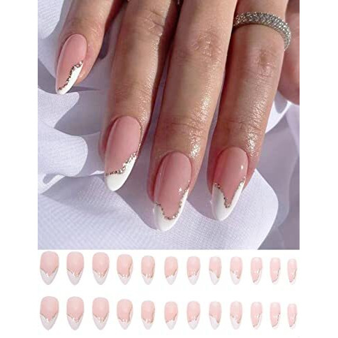 Secret Lives Premium Press On Nails Reusable Artifical Designer Fake Nails Extension Transparent With Golden Glitter Design 24 Pcs Set With Kit