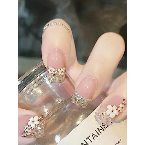 Secret Lives Acrylic Fake Reusable False Artifical Press On Nails Translucent Pink Color With Silverish Golden Glitter 3D Flowers And Pearl Design 24 Pieces With Kit