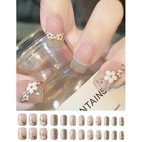 Secret Lives Acrylic Fake Reusable False Artifical Press On Nails Translucent Pink Color With Silverish Golden Glitter 3D Flowers And Pearl Design 24 Pieces With Kit