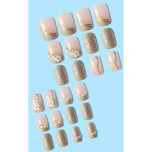 Secret Lives Acrylic Fake Reusable False Artifical Press On Nails Translucent Pink Color With Silverish Golden Glitter 3D Flowers And Pearl Design 24 Pieces With Kit