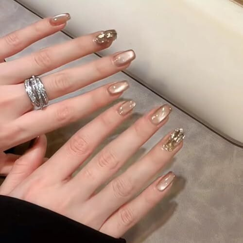 Secret Lives Cats Eye Reusable Artificial Nude Brown Color With Golden Glitter & Crystal Design Press On Nails 24 Pieces Set With Kit