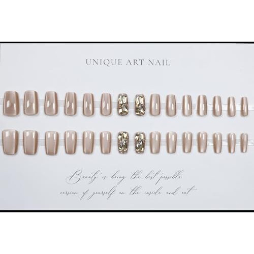 Secret Lives Cats Eye Reusable Artificial Nude Brown Color With Golden Glitter & Crystal Design Press On Nails 24 Pieces Set With Kit