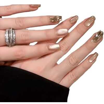 Secret Lives Cats Eye Reusable Artificial Nude Brown Color With Golden Glitter & Crystal Design Press On Nails 24 Pieces Set With Kit