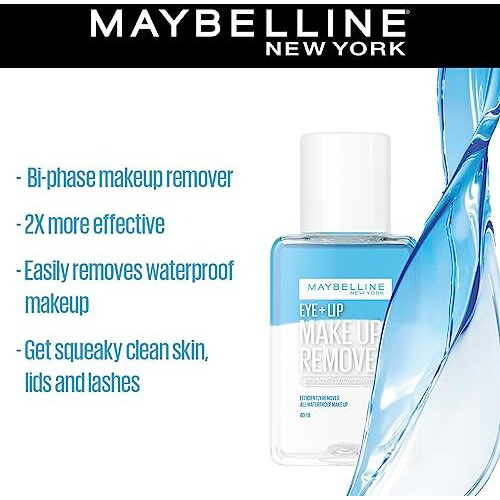 Maybelline New York Eye + Lip Makeup Remover, Bi-Phase, Efficiently Removes Waterproof Makeup, 40Ml