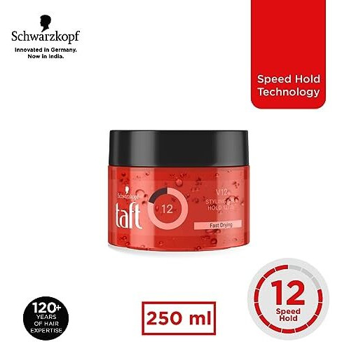 Schwarzkopf Taft Power V12 Hair Gel With Speed Hold Technology |Fast Drying Formulation| Moisturising Formula| Non-Stick & Easy To Wash Off| No Alcohol, No Sulphate |Vegan & Peta Approved - 250Ml