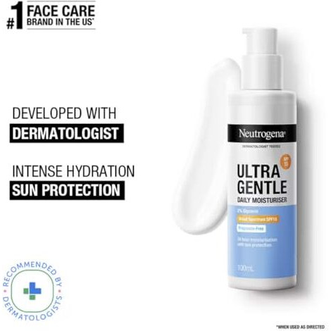 Neutrogena Ultra Gentle Daily Moisturiser Spf 15 | Glycerine Based | Light Weight & Non Greasy | Uva & Uvb Protection | Parabens Free | Fragrance Free | Dry & Sensitive Skin | 100Ml