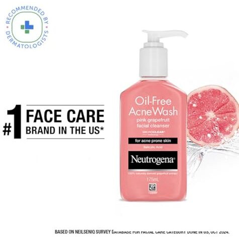Neutrogena Oil Free Acne Wash | Pink Grapefruit | Deep Cleansing Face Wash With Salicylic Acid | Alcohol Free, Non Comedogenic & Dermatologically Tested | For Oily Acne Prone Skin | 175Ml