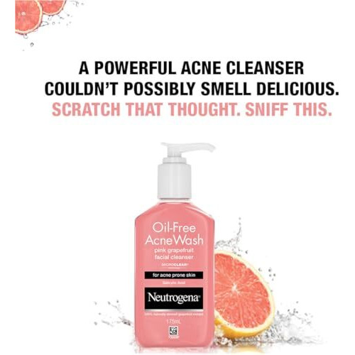 Neutrogena Oil Free Acne Wash | Pink Grapefruit | Deep Cleansing Face Wash With Salicylic Acid | Alcohol Free, Non Comedogenic & Dermatologically Tested | For Oily Acne Prone Skin | 175Ml