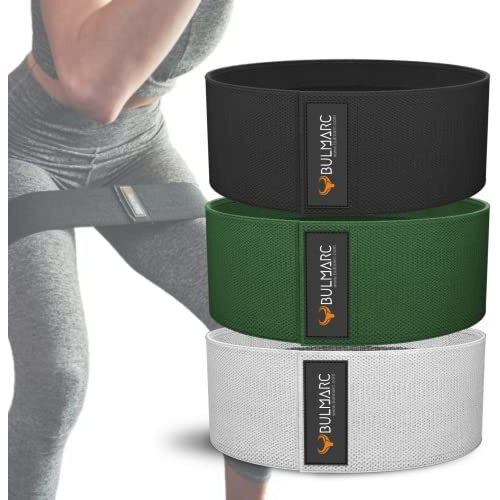 Bulmarc Fabric Resistance Band Anti-Slip Hip Exercise Workout Band For Men Women With Fitness Guide - Toning Booty, Glutes, Thighs, Legs, Abs At Home Outdoors (Set Of Grey, Green, Black)