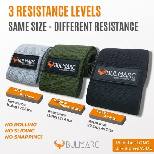 Bulmarc Fabric Resistance Band Anti-Slip Hip Exercise Workout Band For Men Women With Fitness Guide - Toning Booty, Glutes, Thighs, Legs, Abs At Home Outdoors (Set Of Grey, Green, Black)