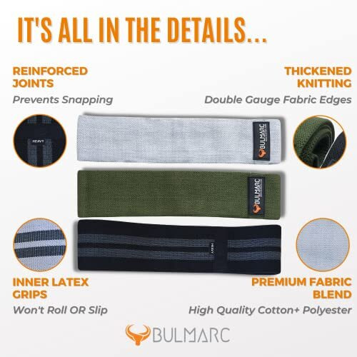 Bulmarc Fabric Resistance Band Anti-Slip Hip Exercise Workout Band For Men Women With Fitness Guide - Toning Booty, Glutes, Thighs, Legs, Abs At Home Outdoors (Set Of Grey, Green, Black)