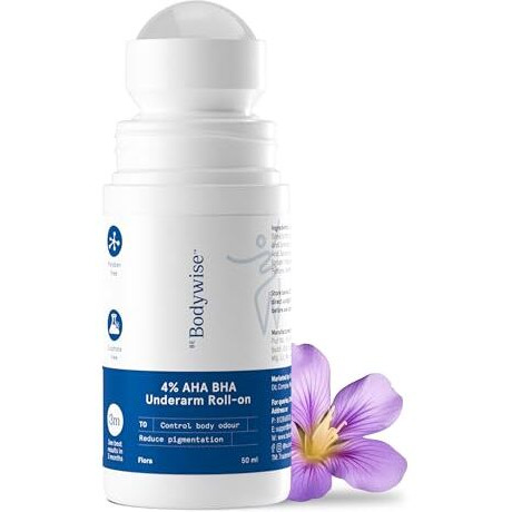 Be Bodywise 4% Aha Bha Underarm Roll On 50Ml | 2% Lactic Acid, 1% Mandelic Acid, 1% Salicylic Acid | Controls Odour & Reduces Pigmentation | 0% Alcohol & 0% Aluminium | Flora Fragrance