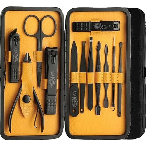 Beaut Secrets Essentials Manicure Set Nail Clippers, Stainless Steel Nail Scissors Grooming Kit, Acne Needle, Blackhead Tool Leather Travel Case (Yellow)