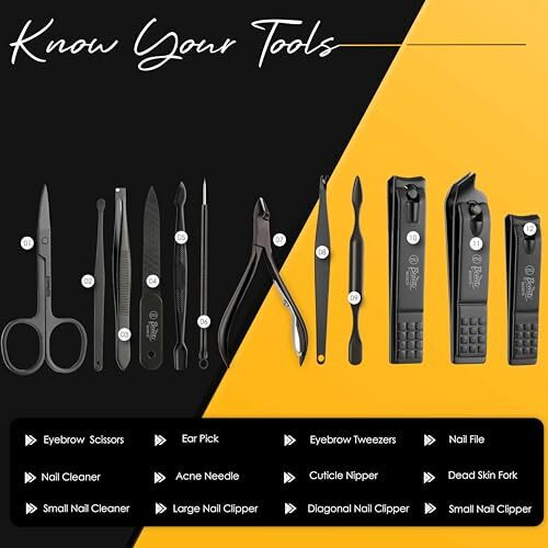 Beaut Secrets Essentials Manicure Set Nail Clippers, Stainless Steel Nail Scissors Grooming Kit, Acne Needle, Blackhead Tool Leather Travel Case (Yellow)