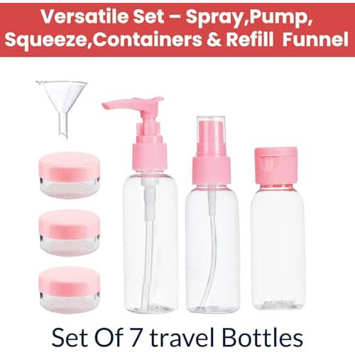 Temperia Travel Bottles For Toiletries (7Pcs) - Refillable Empty Mini Containers With Pouch (Random Colors) - Travelling Accessories & Essentials Kit Set For Shampoo, Cosmetics, And More