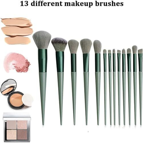 13 Pcs Makeup Brushes Set, Foundation Powder Concealer Eyeshadow Blush Highlighter Eyebrow Brush Make Up Brush Set, Travel Makeup Brushes With Cloth Bag For Beginner And Makeup Artist (Green)