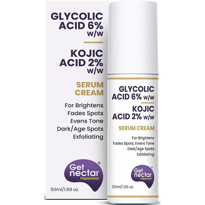 6% Glycolic Acid & 2% Kojic Acid Serum Cream Helps Visibly Reduce Pigmentation, Acne Scars, Dark Spots, Age Spots, Blemishes, & Uneven Skin Tone. Promotes A Brighter, Smoother-Looking Complexion 50Ml