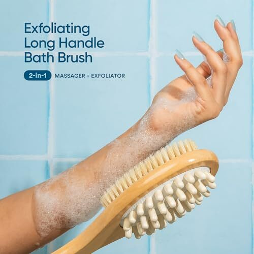 Bloom 2-In-1 Long Handle Body Brush | For Skin Exfoliation And Massage | Reduces Cellulite | Stimulates Blood Circulation & Reduces Dead Skin Cells | Natural, Soft Bristles | (1 Unit)