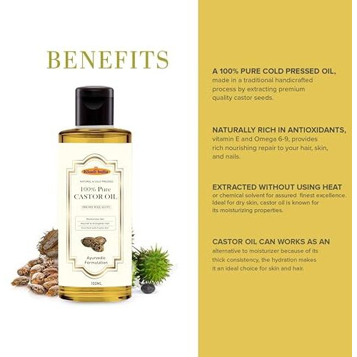 Khadi Pure Castor Oil For Hair Growth - 100% Cold-Pressed, Deep Hydration For Hair, Skin & Nails, Promotes Thicker Hair, Adds Natural Shine, Versatile Beauty Oil 100Ml