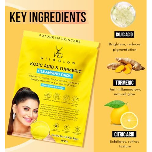 Wildglow Turmeric & Kojic Acid Face Cleansing Pads For Dark Spots, Skin Brightening & Acne Prevention | Vitamin C, Retinol & Chamomile Hydrolat | For Women & Men | All Skin Type | 40 Pieces Pack Of 1
