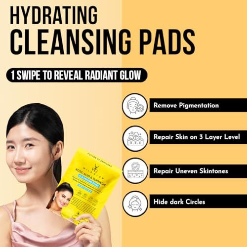 Wildglow Turmeric & Kojic Acid Face Cleansing Pads For Dark Spots, Skin Brightening & Acne Prevention | Vitamin C, Retinol & Chamomile Hydrolat | For Women & Men | All Skin Type | 40 Pieces Pack Of 1