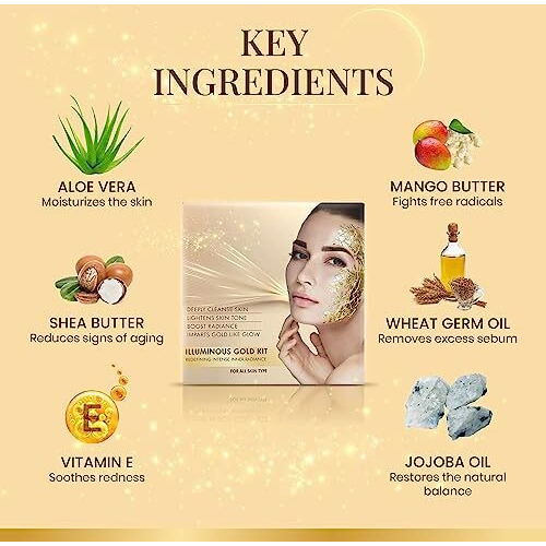 Ozone Illuminous Gold Facial Kit | For All Skin Type | With 6 Easy Step Organic Facial Kit For Natural Golden Glow, Radiant & Luminous Skin | For Men & Women | 60 Gm (Single Use)