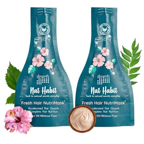 Nat Habit Five Oil Hibiscus Nutrimask-Hair Mask For Hair Growth, Conditioning, Smoothening, Dry & Frizzy Hair Enriched With Hibiscus Flowers, Hibiscus , Neem, Curry Leaves (Pack Of 2 X 40Gm)