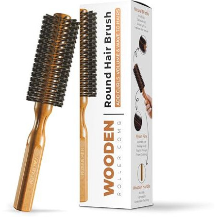 Rubab Men Round Hair Brush Comb For Men & Women | Premium Hair Roller Comb For Volume, Straightening, Curling & Blow Drying | Anti-Slip Wooden Handle, Natural Bristles & Flexi Massage Pins