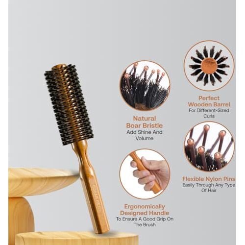 Rubab Men Round Hair Brush Comb For Men & Women | Premium Hair Roller Comb For Volume, Straightening, Curling & Blow Drying | Anti-Slip Wooden Handle, Natural Bristles & Flexi Massage Pins