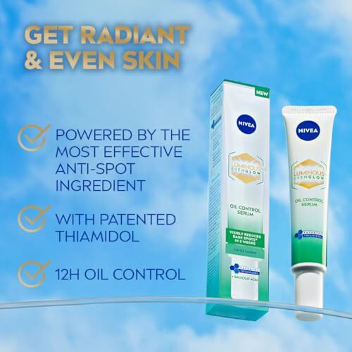 Nivea Luminous Even Glow Oil Control Face Serum With Thiamidol (60X More Effective Than Vitamin C), Salicylic Acid, Hyaluronic Acid, Green Tree Extracts For Dark Spots Reduction & Hydration| 40Ml