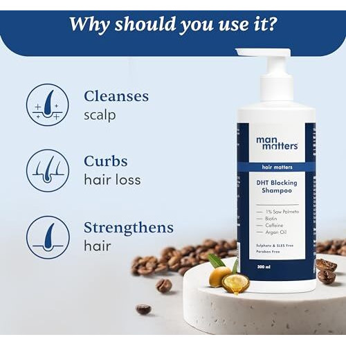 Man Matters Dht Blocking Anti Hair Fall Shampoo, Reduces Hair Fall, Strengthen Hair, With Power Of Caffeine, Saw Palmetto, Argan Oil, & Biotin | 300Ml