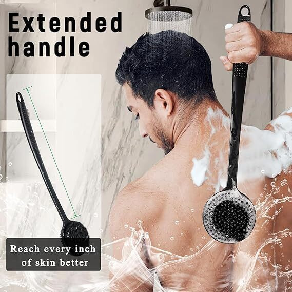 Morovik Premium Soft Silicone Back Scrubber Shower Bath Body Brush With Long Handle Dirt_Removal Back Scrubber | Bpa-Free | For Men And Women (Black)