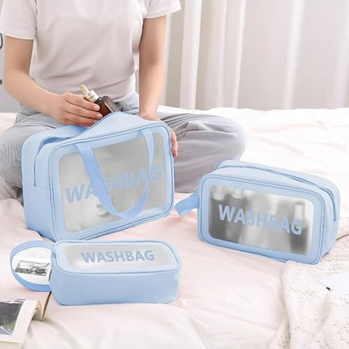 Niwlix Makeup Pouch Travel Toiletry Bag For Women Travel Pouch Cosmetic Makeup Bag Transparent Pouches For Women Set Of 3 (Blue)