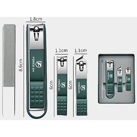 Force24 - Nail Cutter Set, Ultra Sharp Sturdy Fingernail Toenail Clipper Nail Clipper With Glass File 4 Pcs Set For Men Women Adult Nail Cutter Set For Thick Toenails & Nails (Green Set Of 4 With Box)