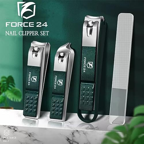 Force24 - Nail Cutter Set, Ultra Sharp Sturdy Fingernail Toenail Clipper Nail Clipper With Glass File 4 Pcs Set For Men Women Adult Nail Cutter Set For Thick Toenails & Nails (Green Set Of 4 With Box)