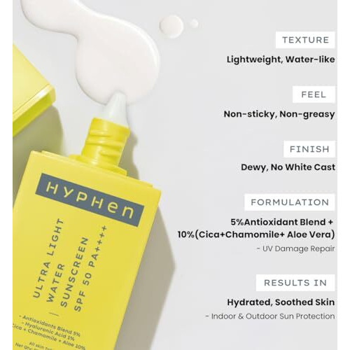Hyphen 1% Hyaluronic Ultra Light Water Sunscreen Spf 50 Pa ++++ | Broad Spectrum & Blue Light Protection | No White Cast | 5% Antioxidants Niacinamide Vitamin E | Korean Sun Cream For Men Women | 50Ml