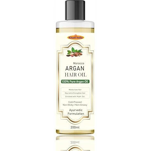 Khadi Herbal 100% Pure & Natural Argan Hair Oil, With The Goodness Of Olive Oil & Sunflower Oil, For Dry & Frizzy Hairs 200Ml With Khadi India Logo