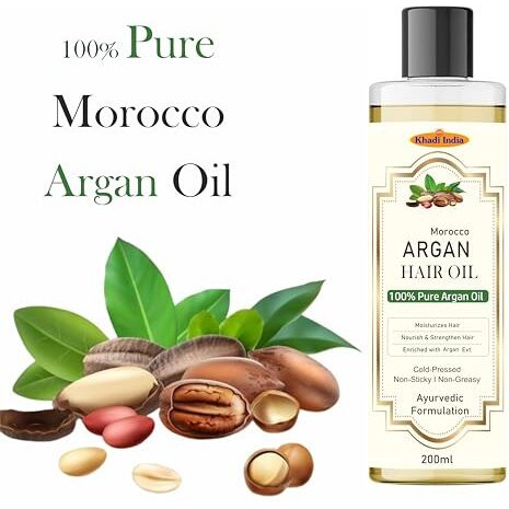 Khadi Herbal 100% Pure & Natural Argan Hair Oil, With The Goodness Of Olive Oil & Sunflower Oil, For Dry & Frizzy Hairs 200Ml With Khadi India Logo