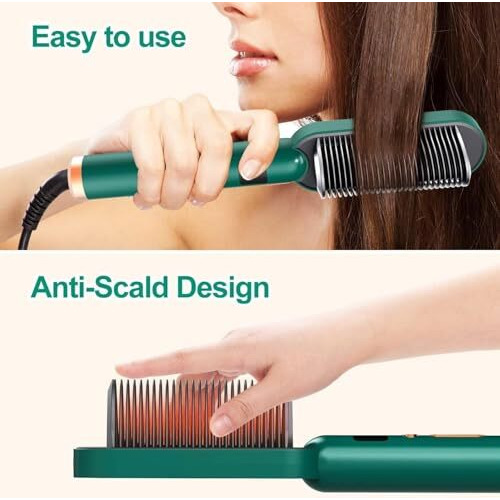 Wazdorf Hair Straightener Brush Comb - Fast Hair Straightening Comb Electric Hot Brush Ptc Heating Electric Comb, Hair Straightener Comb For Women & Men, Iron Machine For Women (Green)