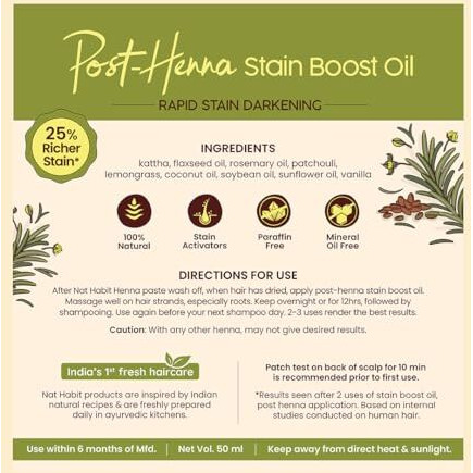 Nat Habit Post Henna Stain Boost Oil For Rapid Stain Darkening, Deep Nourishment Post Henna Application, Relieving Dryness & Leaving Hair Shiny & Dark Brown, 50Ml